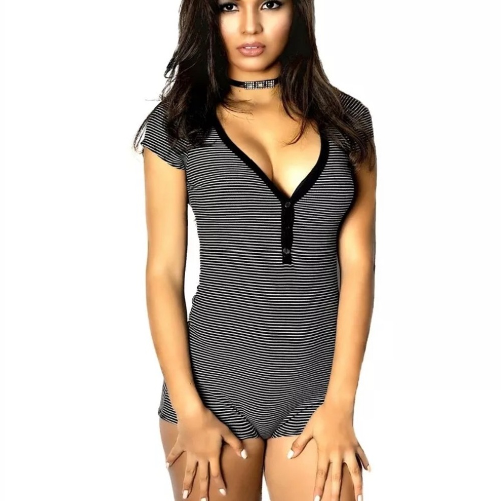 Striped Button up shorts Playsuit romper New